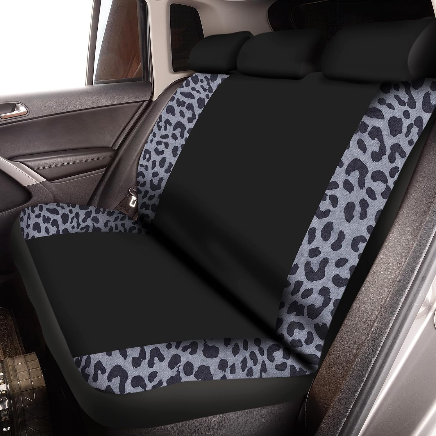 Frienda 13 Pcs Cheetah Print Car Seat Cover Full Set for Women Men Print Car Accessories Rubber Steering Wheel Armrest Pad Cover Seat Belt Pads Wrist Holder Keychain, White and Black