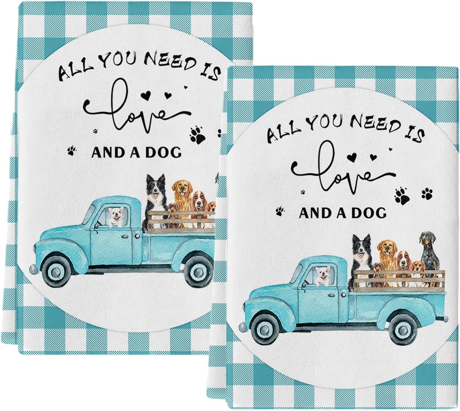 Kitchen Dish Towels Old Truck with Dog Water Absorbent Hand Towels Farmhouse Teal Green Buffalo Check Plaid Tea Towels Dish Cloths for Kitchen Cleaning Drying Set of 2