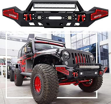 JK Front Bumper Fits 2007-2023 Wrangler JK/JL & 2020-2025 Gladiator JT Front Bumper with 5 LED lights & 2 D-Rings & Winch Plate