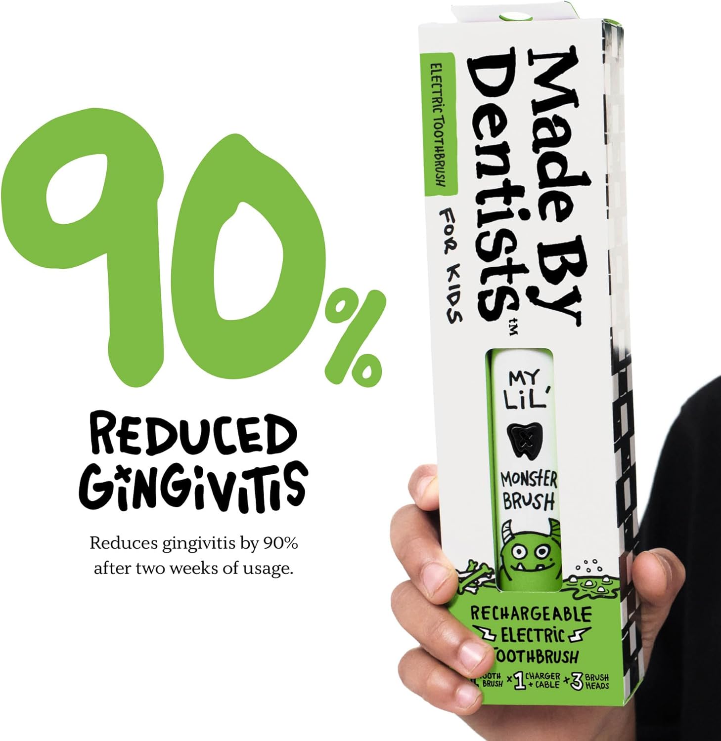 Made by Dentists Kids Electric Toothbrush - Rechargeable Vibrating Toothbrush with Timer, Includes 6 Replacement Heads, Gently Cleans Teeth, Kid & Toddlers Age 2+, Monster - Image 3