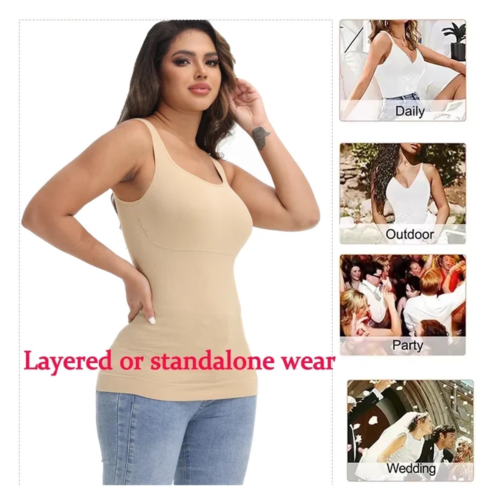Camiseta Reductora Mujer Camisola sin Costuras, Chaleco de compresión, Control de Abdomen, Moldeador de Cintura, Ropa Interior, Camiseta sin Mangas con Cuello Cuadrado(Khaki,M)