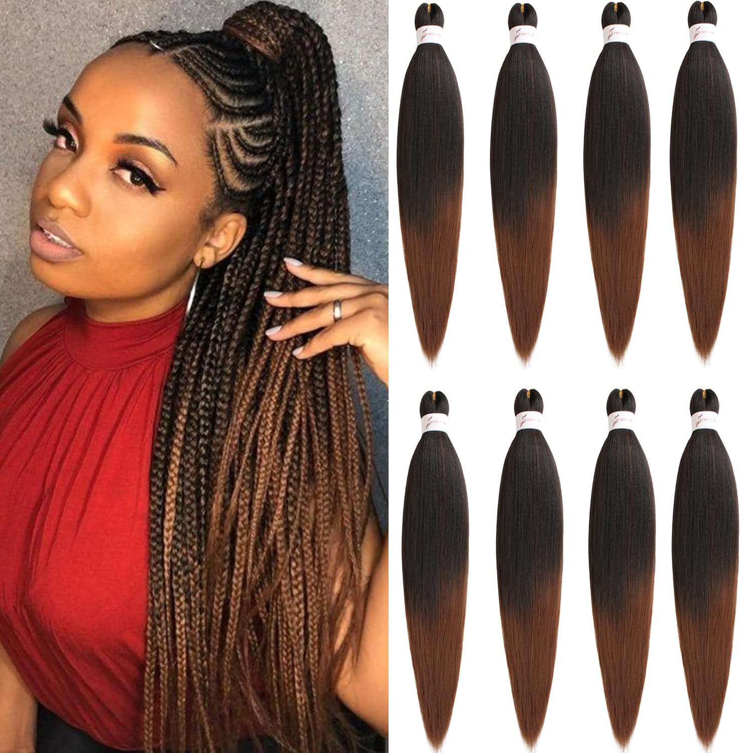 Mscat 30 Inch 8 Packs Pre Stretched Braiding Hair Ombre Brown Pre Stretched Braiding Professional Synthetic Prestretched Crochet Braids Hair Extension Hot Water Setting Yaki Texture (T30#)