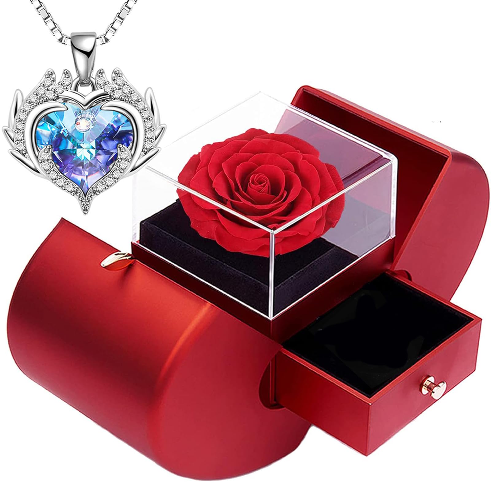 EPDPLAY Preserved Red Rose Openable Apple-Shaped Storage Box with Angel Wing Jewelry Necklace for Women, Mothers Day Christmas Anniversary Birthday