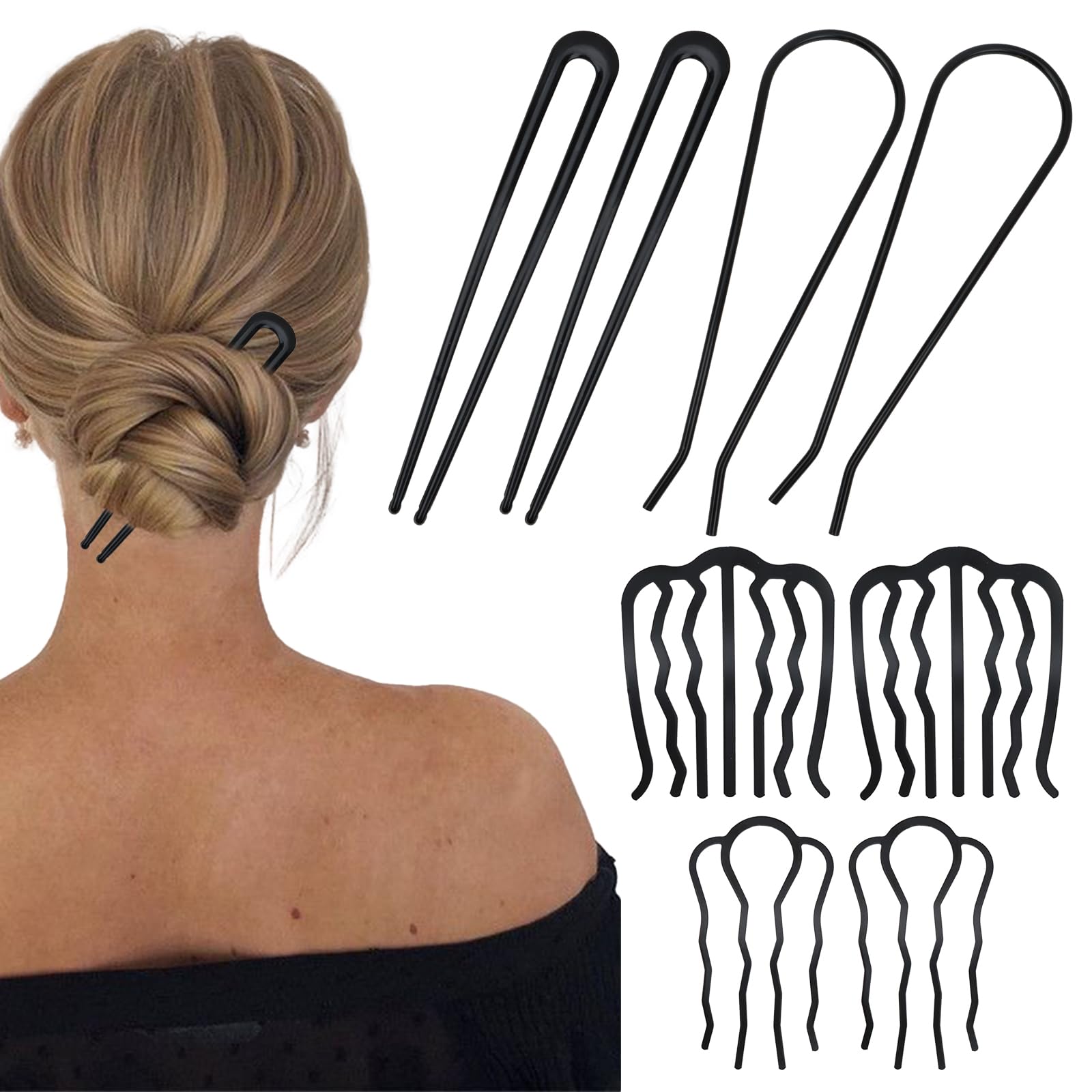 Forcine per capelli francesi, 8 forcine nere per capelli da donna, pettini laterali in metallo, forcine per capelli a forma di U, per chignon, forcine per capelli per acconciature