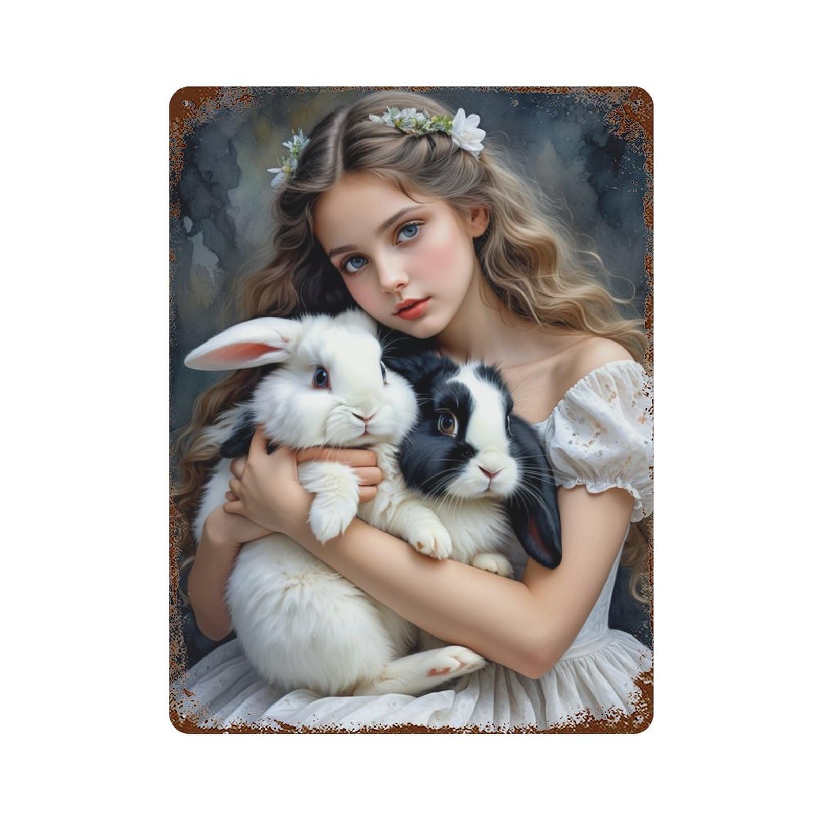 Rust Effect Princess with Bunnies Rustic Tin Plaque 15.7"x11.8", Industrial Home Decor for Bistro, Counter And Cafe Decor