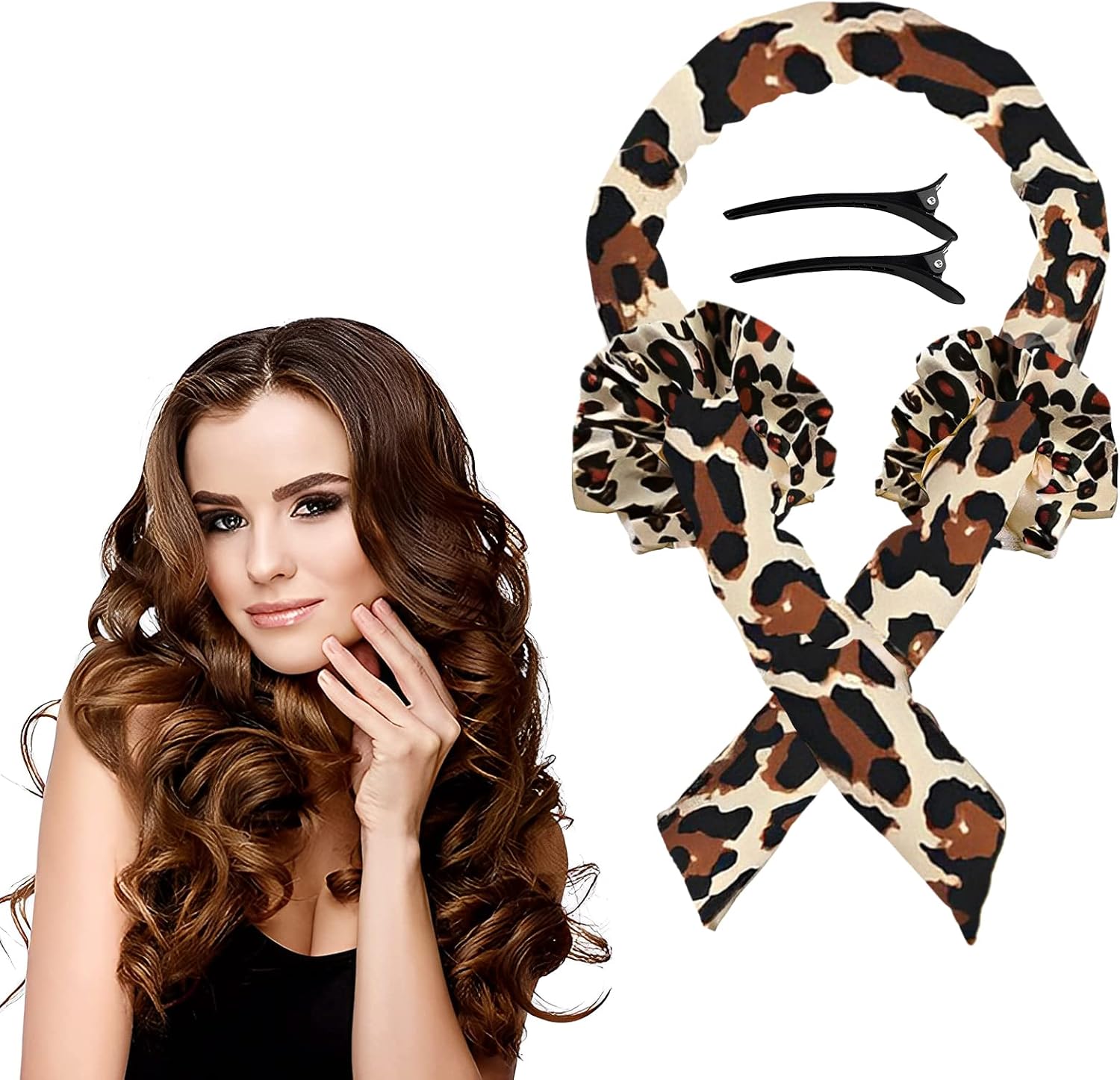 Heatless Hair Curler,Soft Satin & Cotton Heatless Curls for Women , Overnight Hair Curlers to Sleep in, Lazy Natural Soft Wave DIY Hair Rollers Styling Suit,Overnight Wave Forming for Hair Heatless Curling Rod Headband (Leopard Print)