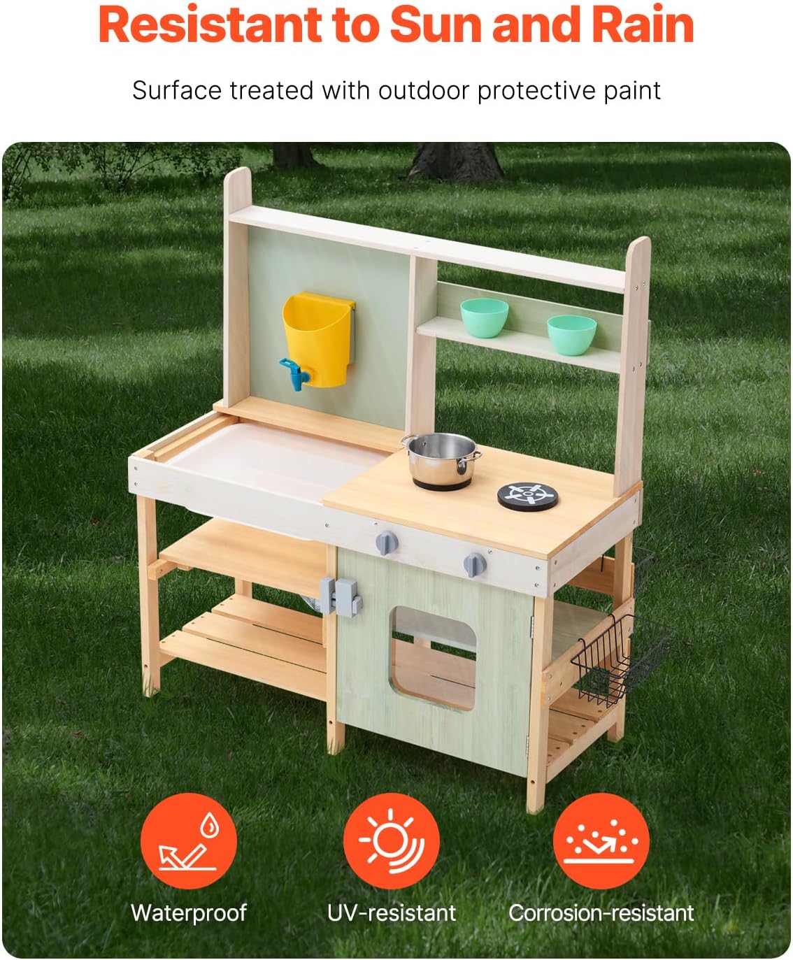 VEVOR Wooden Toy Play Kitchen Set, Mud Kitchen for Kids, Outdoor Toddler Grocery Store Playset, Pretend Play Kitchen with Stoves, Tank, Faucet, Storage Bag, Metal Baskets, and Cookware Pots
