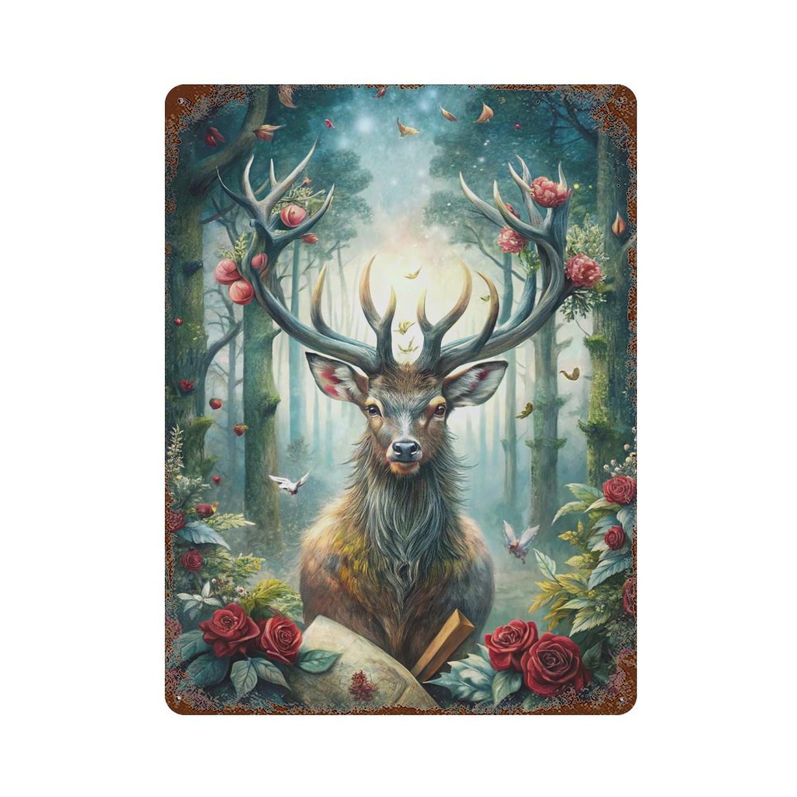 Vintage Rust Metal Sign with Majestic Deer in Enchanted Forest Design 15.7"x11.8", for Shed, Workshop And Garage Wall Decor, Classic Wall Plaque