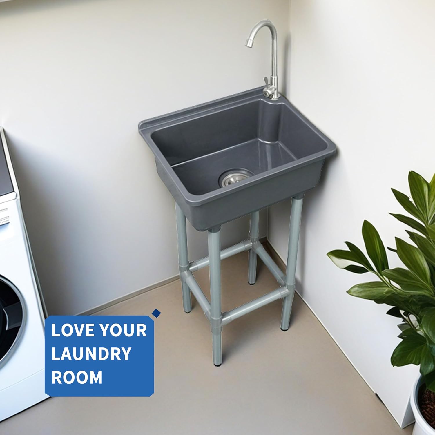 Freestanding Single Bowl Utility Sink, Kitchen Wall-Mounted Sink 16.9 x 12.8 Inch laundry tub With 1.26 faucet hole Plastic Sinks for Home Restaurant Dorm Garage Bathroom,Laundry slop sink (grey)