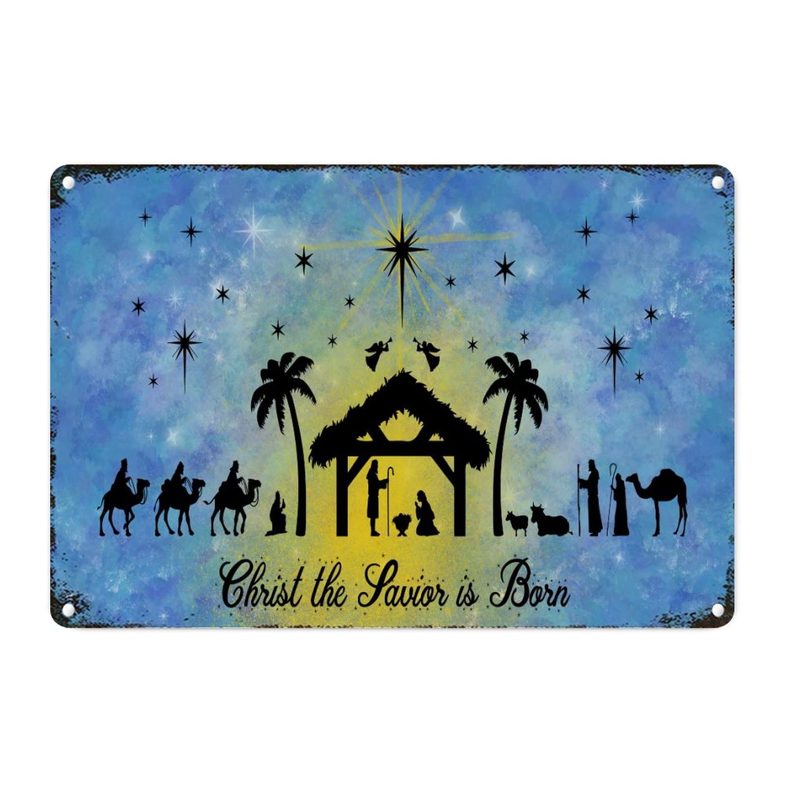 Crèche de Noël en métal bleu azur céleste, cadeau chrétien naissance de Jésus
