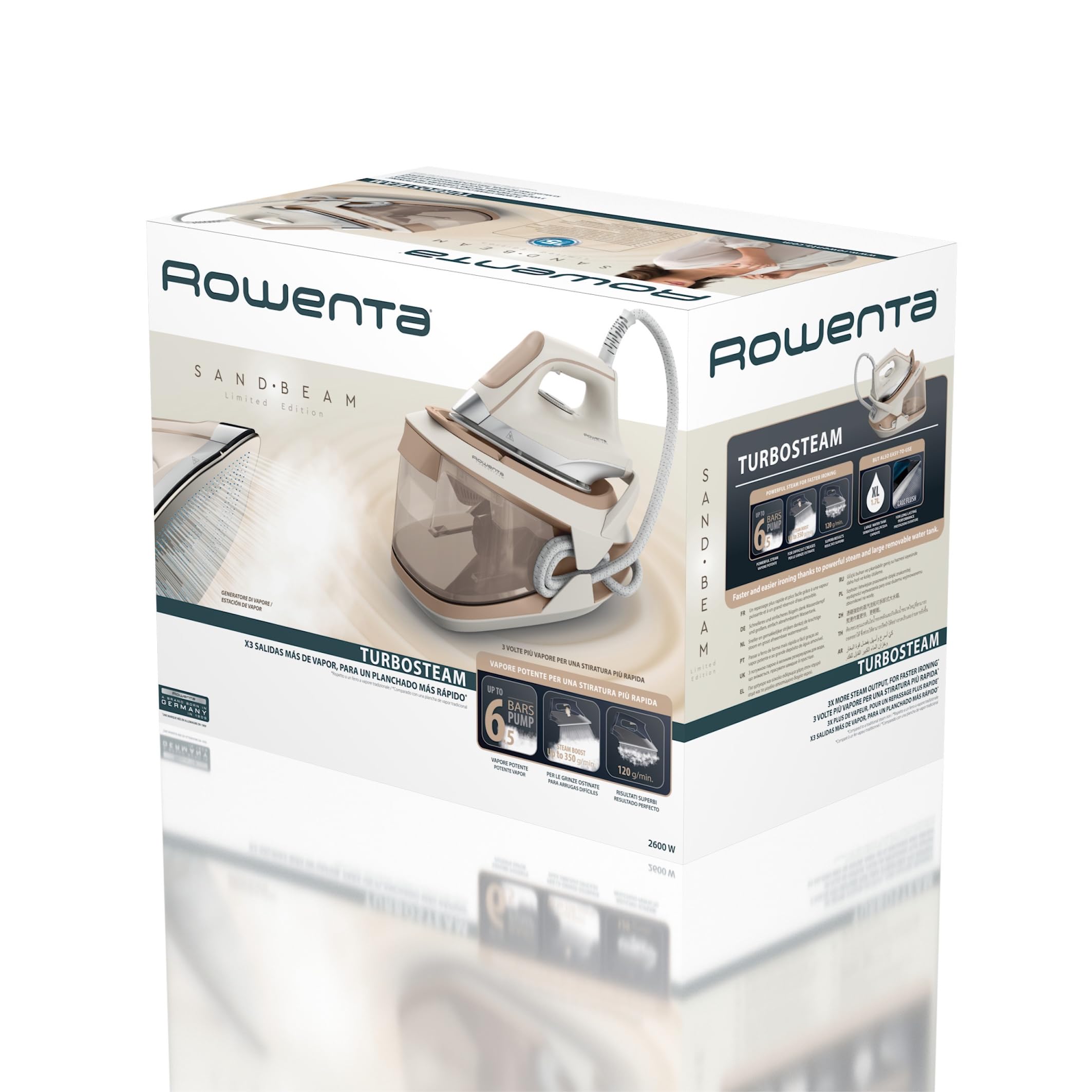 Rowenta Turbosteam Generatore di Vapore Compatto e Potente con Piastra MicroSteam400 e Serbatoio XL da 1,7L, Con Modalità Eco e Stiratura Verticale, VR8326