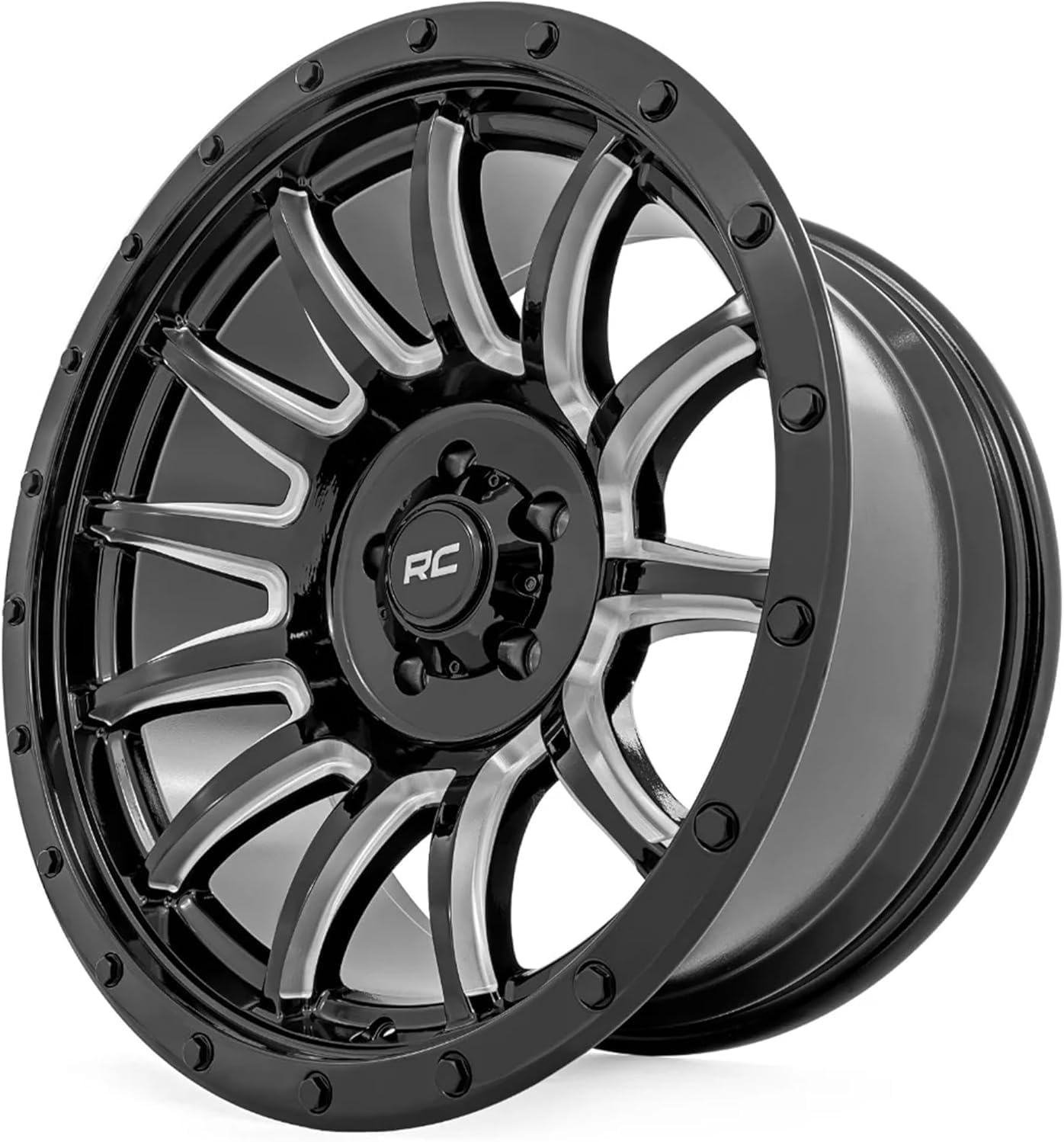 Rough Country 90 Series 18x9 Wheel - 6x5.5" Bolt Pattern, +0mm Offset, One Piece Aluminum Rim, Gloss Black Finish with Machined 12-Spoke Design for Trucks, Jeeps, Off-Road