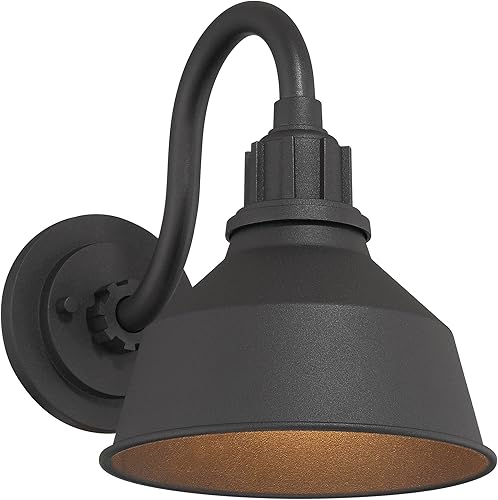 Miniatura 6 de Franklin Iron Works Arnett - Juego de 2 lámparas de pared industriales rústicas para exteriores, brazo de cuello de cisne de metal negro, pantalla