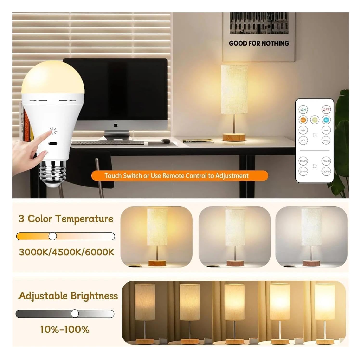 Lampadina E27 ricaricabile da 2 pezzi con timer remoto e dimmerabile