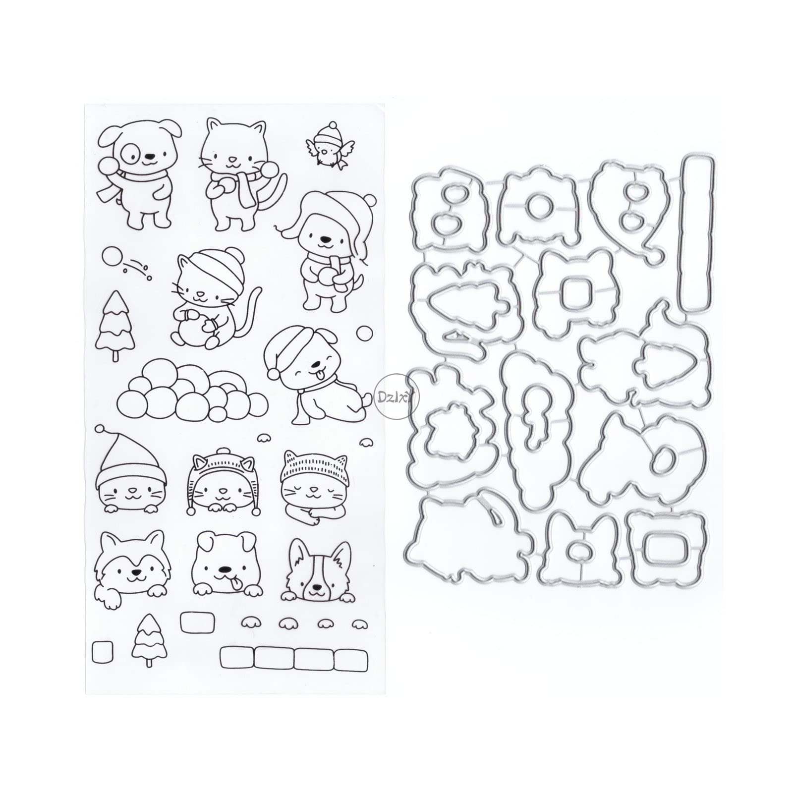 DzIxY Fox Cat Clear Stamps and Metal Cutting Dies Sets for Card Making Scrapbooking Paper Supplies Silicone Seals Storage Pockets