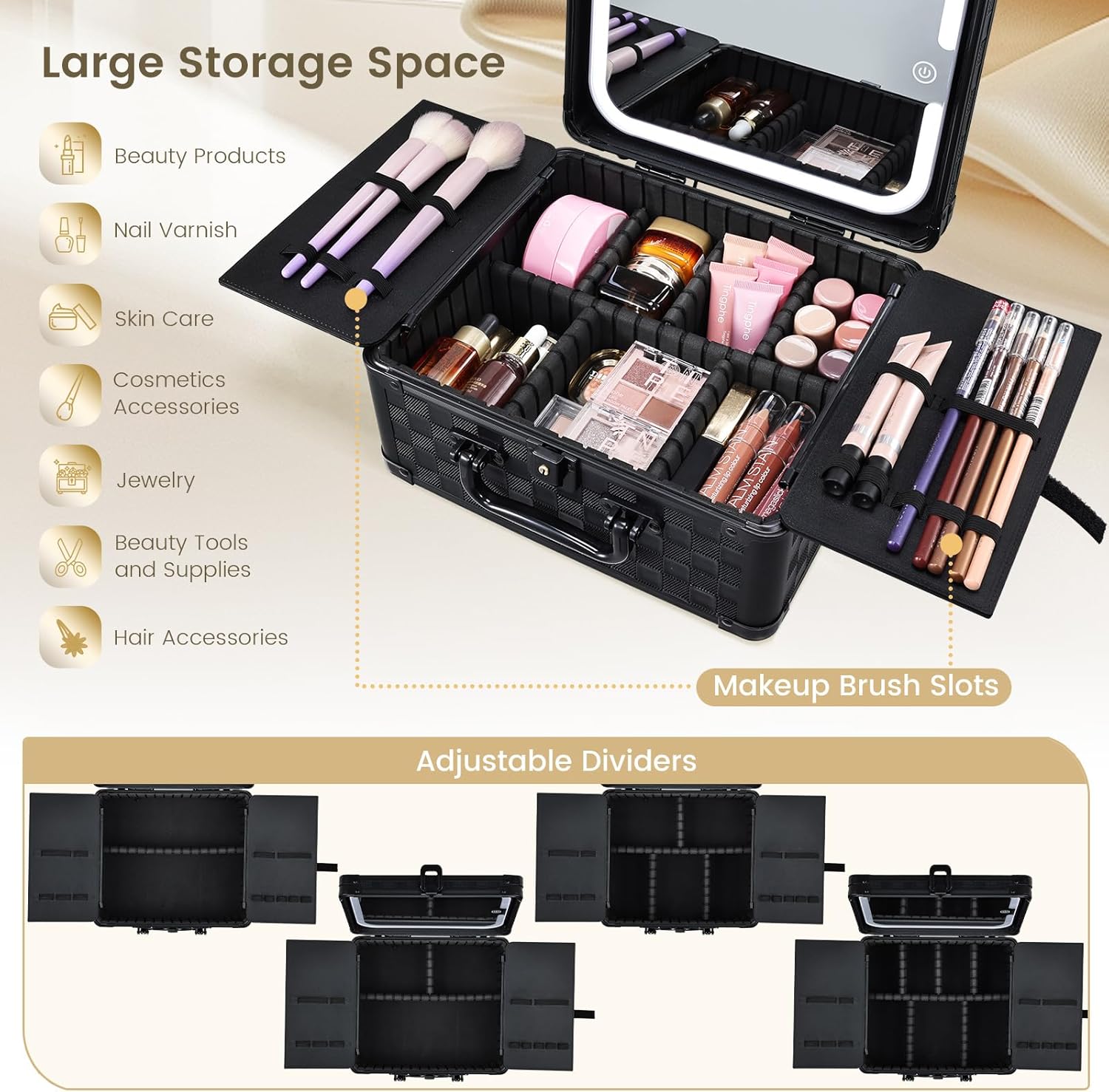 Faquenc Makeup Bag with LED Mirror – Hard Makeup Case with Lighted Mirror, Portable Makeup Organizer Box with 3-Color LED Light, Makeup Train Case with 6 Dividers, Makeup Travel Case for Women