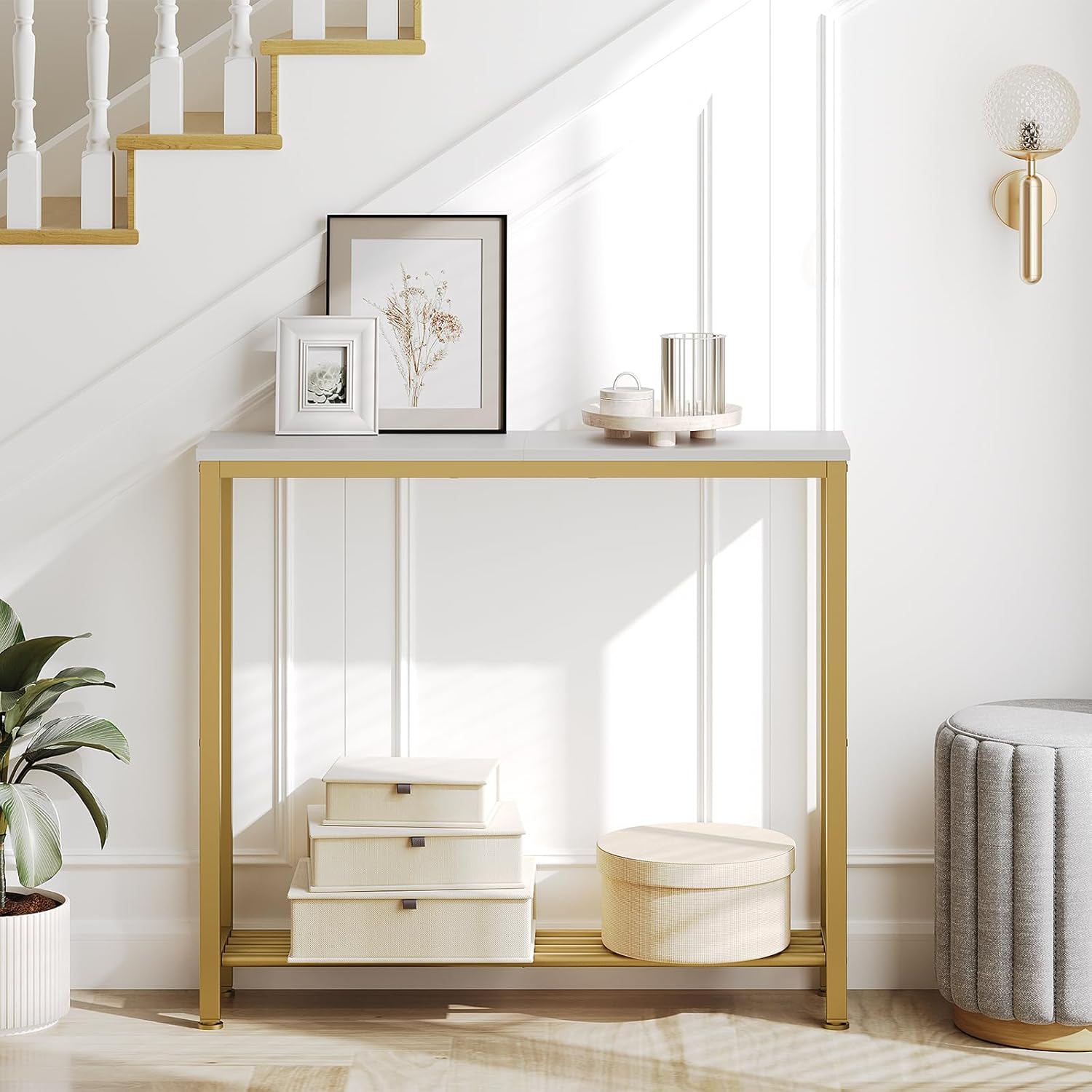 YATINEY Narrow Console Table, 2-Tier Small Sofa Table, 29.5 Thin Entryway Behind Couch Table with Shelves, Industrial Hallway Table, for Living Room, Foyer, White and Gold CT03DW