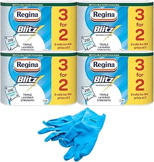 3 Ply Regina Blitz Kitchen Towel- Super Absorbent & Durable Paper Towel Rolls for Kitchen Usage- 70 Thick Long Lasting Sheets Per Roll- 12 Rolls Packaging with Trade Gloves- (12)