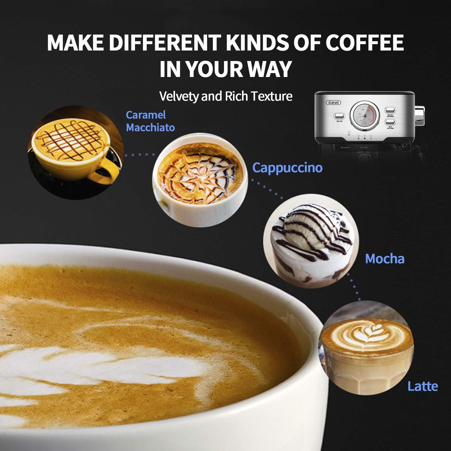 Gevi Espresso Machine 15 Bar Coffee Machine with Foaming Milk Frother Wand for Espresso, Cappuccino, Latte and Mocha, Steam Espresso Maker For Home Barista, Adjustable Milk Frothing and Double Temperature Control System, Stainless Steel, 1100W