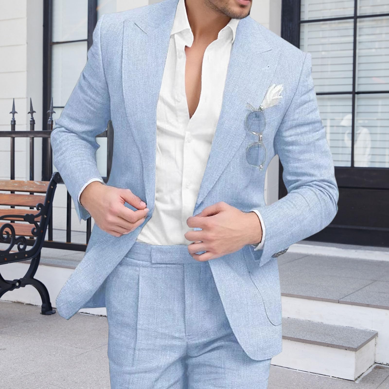 Conjunto de 2 piezas de ajuste regular para hombre, pantalones blazer de ajuste regular para boda, novio, traje de lino para hombre