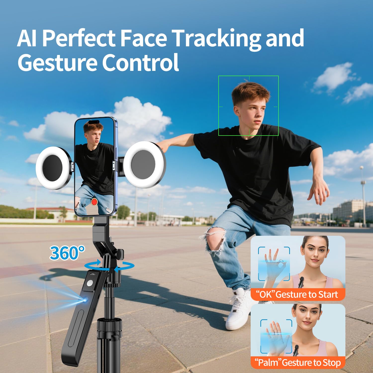yAyusi Vlogging Kit pour iPhone/Andriod, Kit Youtuber Complet avec Automatique Trépied Smartphone de Suivi du Visage Rotation à 360°, Microphone, Lumières de Remplissage, Télécommande