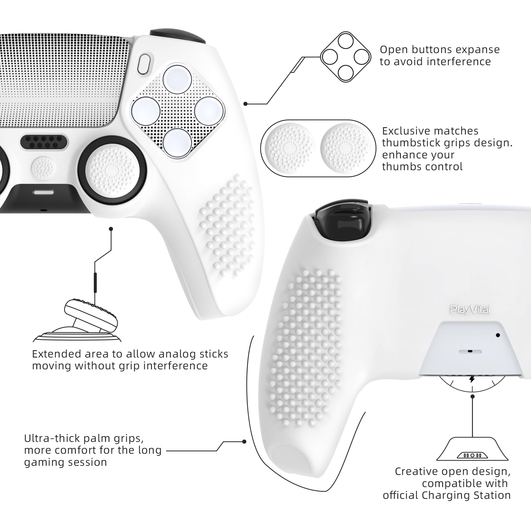 PlayVital 2 Piezas Funda de Silicona Actualizada para ps5 Mando - Carcasa Ergonómica con Tapas de Joysitck & Pegatinas, Cubierta Protectora Compatible con Base de Carga Oficial (3D Tachonado-Blanco)