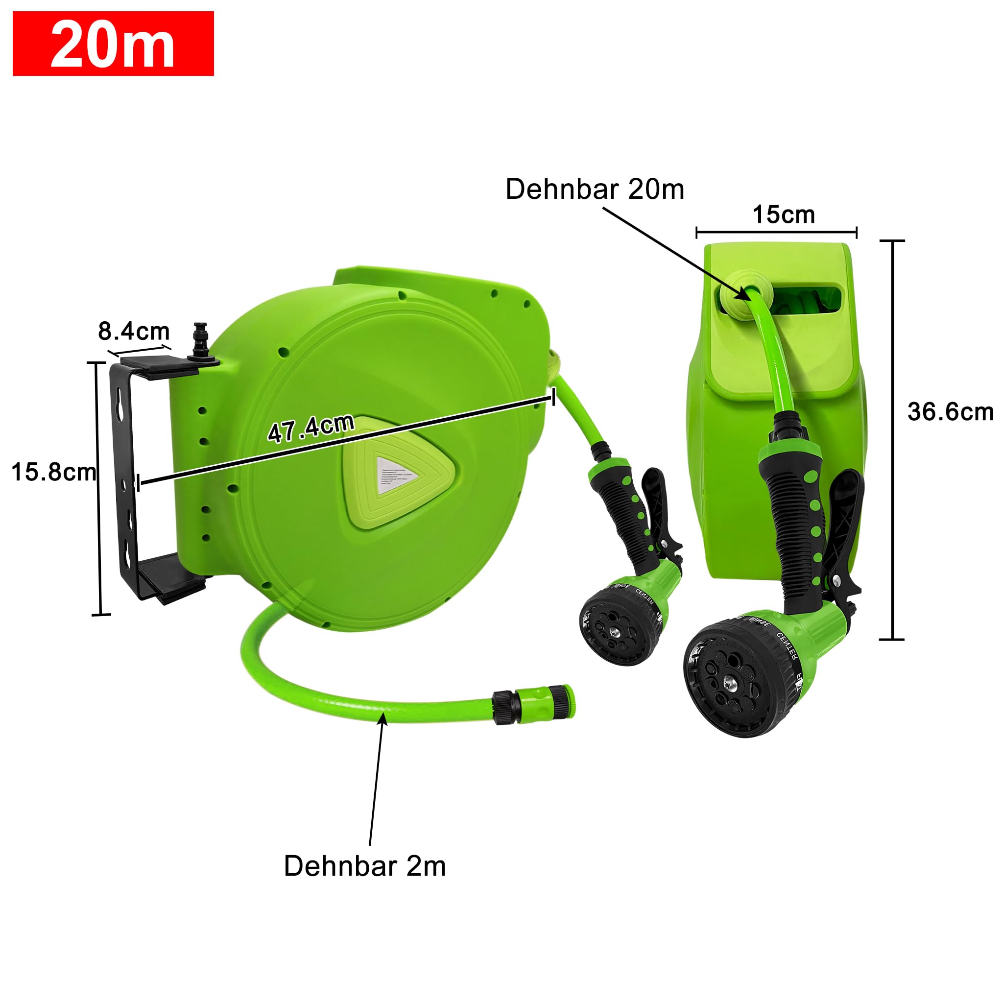 LZQ Enrouleur de tuyau d'arrosage 20 m + tuyau de 2 m - Raccord 3/4" - Orientable à 180° - Pour jardin, irrigation, lavage de voiture