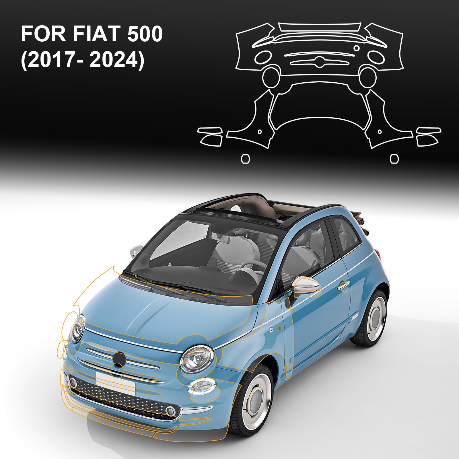 PPF Lackschutzfolie für FIAT 500 2017 2018 2019 2020 2021 2022 2023 2024 8.5mil TPU Vorgeschnittene Selbstklebende Schutzfolie Transparent vorgestanzt Zubehör (Motorhaube+Kotflügel 3St)
