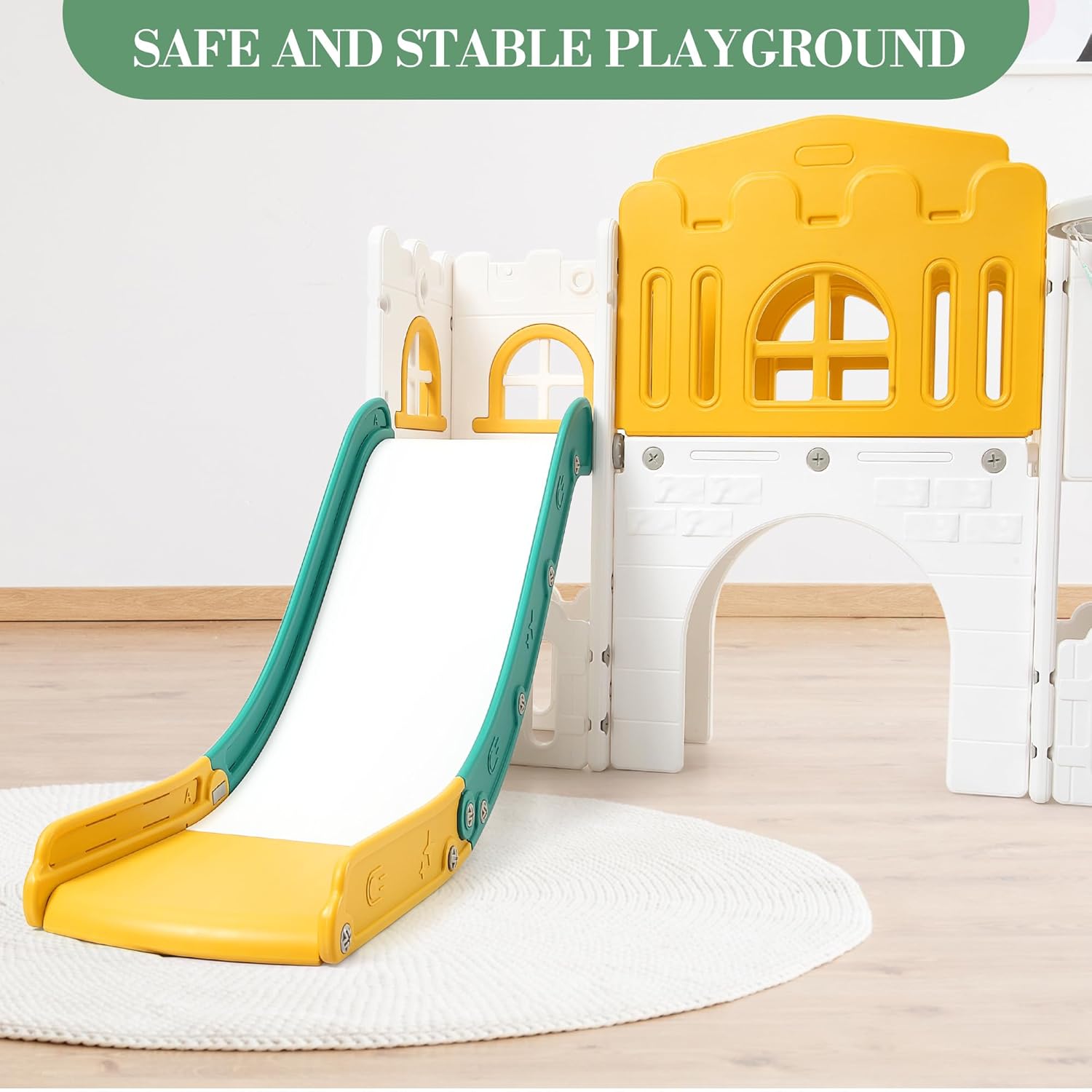 8 in 1 Kids Slide Set, Indoor Outdoor Slide Activity Center, Children's Climber Slide PlaySet with Basketball Hoop,Crawl Tunnel, Telescope, Playground Center for Boys Girls, Orange