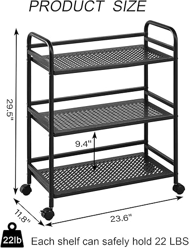 Miniatura 21 de 3-Tier Metal Utility Multipurpose Rolling Cart,Large Capacity Heavy Duty Cart with Lockable Wheels for Kitchen,Living Room,Office,Bathroom Storage