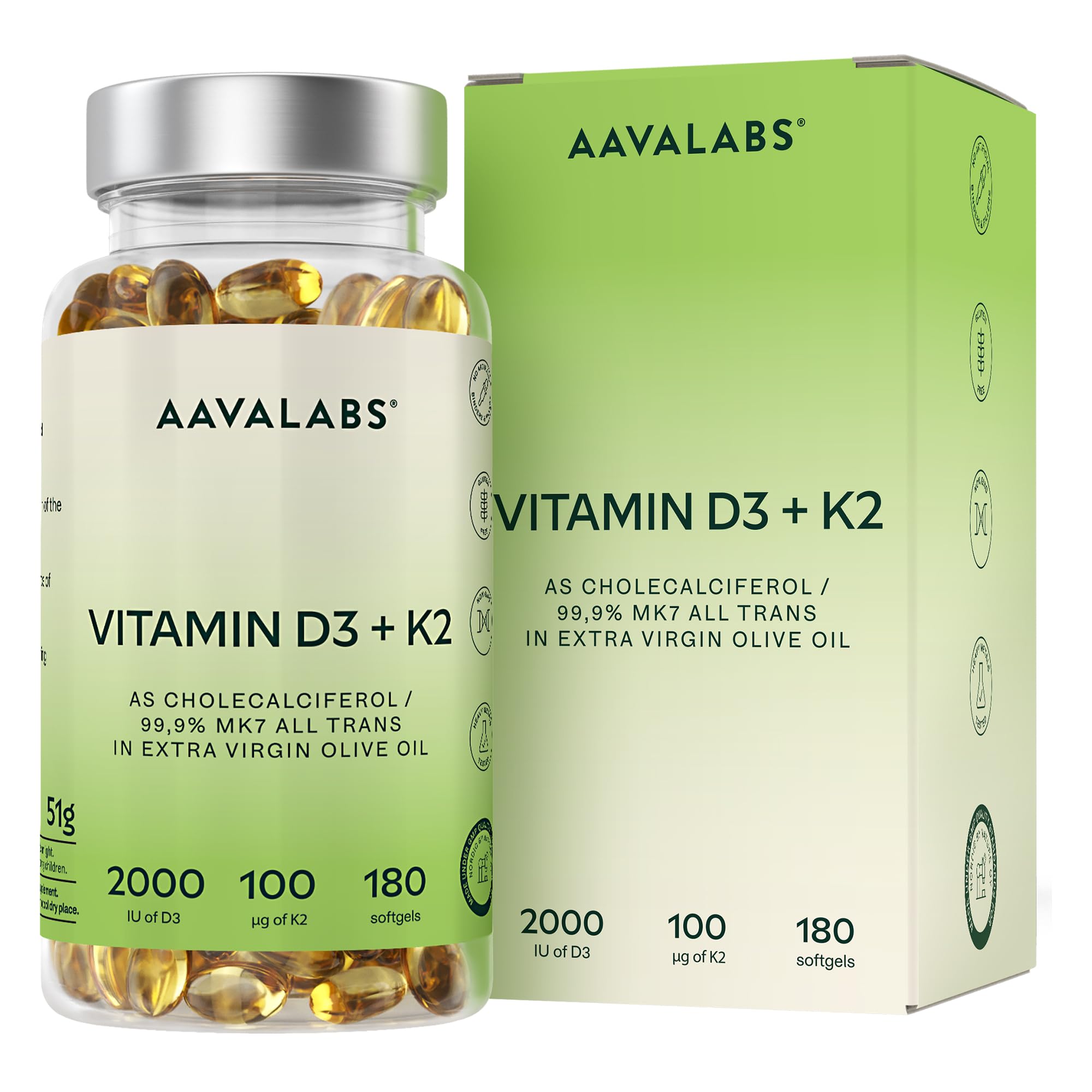 Vitamin D3 K2 MK7 (99.9% All-Trans) with Extra Virgin Olive Oil - 180 Softgels D3 and K2 Vitamin Supplements