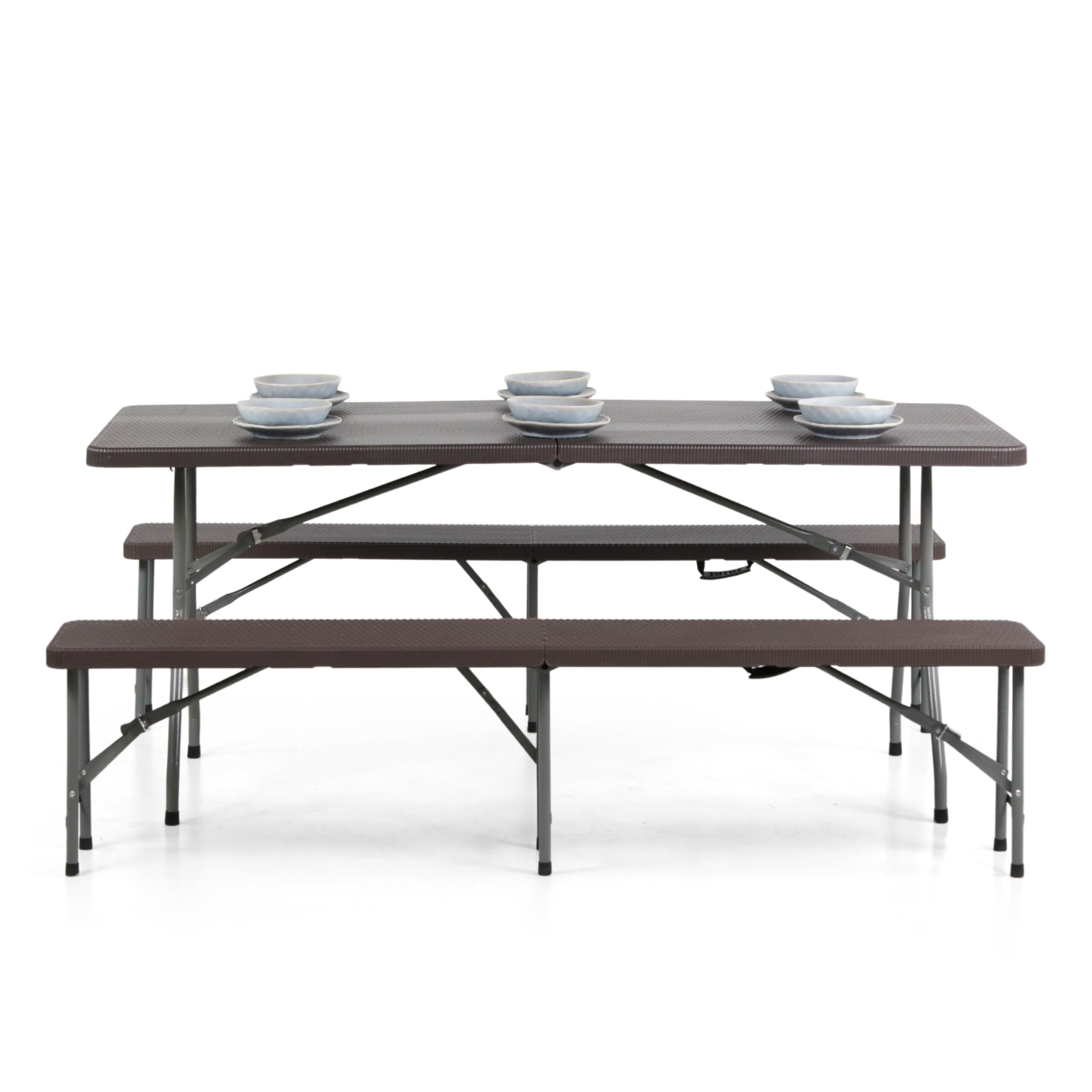 Brigros - Tavolo Pieghevole Con Panche Da Giardino, Perfetto Come Tavolo Campeggio O Tavolo Picnic, Salvaspazio Con Panche Da Esterno In Metallo E HDPE (Rattan)