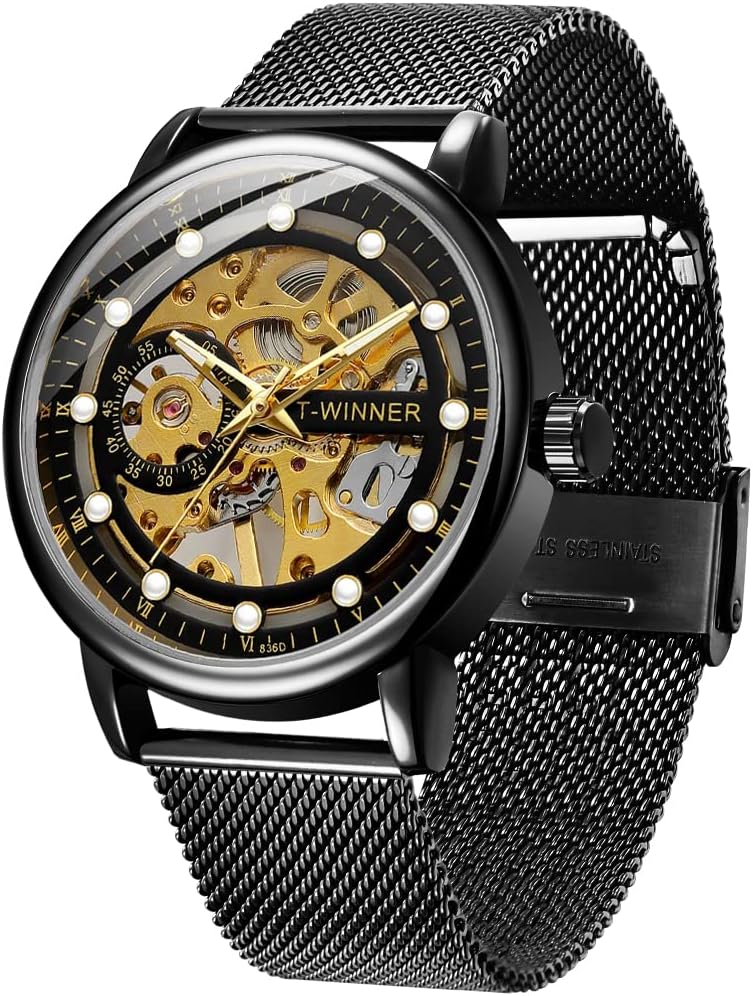 Men's Skeleton Mechanical Roman Numeral Mesh Strap Watch, Hand Winding Mechanical Mesh Luminous Waterproof Watch for Men