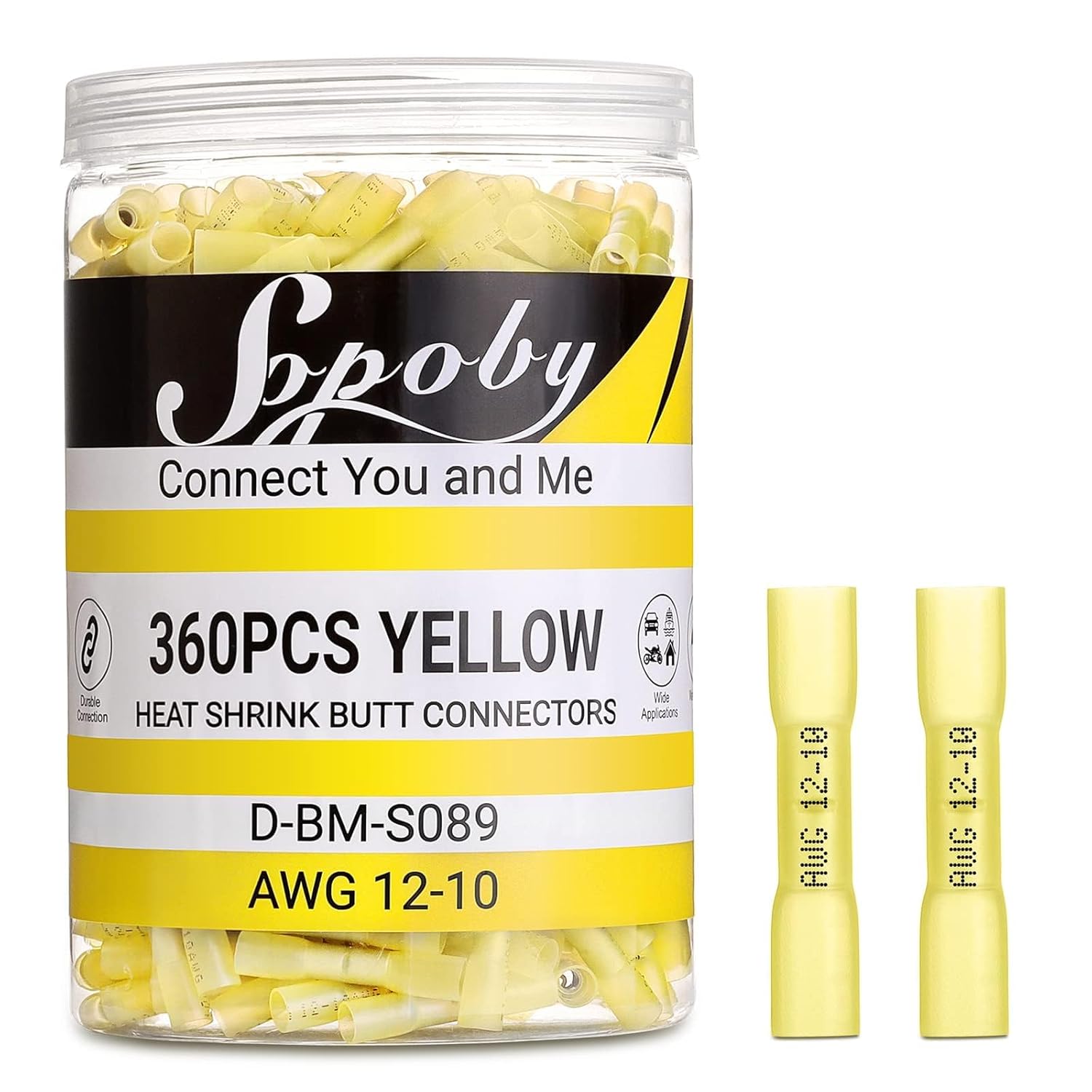 Sopoby 360PCS Heat Shrink Butt Connectors Yellow 12-10 AWG- Tinned Red Copper Marine Grade Butt Connectors - Wire Splice Connectors- Waterproof Electrical Connectors for Marine,Boat,Stereo