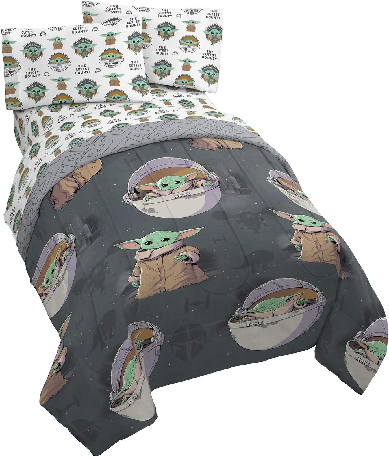 Jay Franco Star Wars The Mandalorian The Child 5 Piece Queen Bed Set - Includes Reversible Comforter & Sheet Set - Bedding Features Baby Yoda - Super Soft Fade Resistant Microfiber Official Product