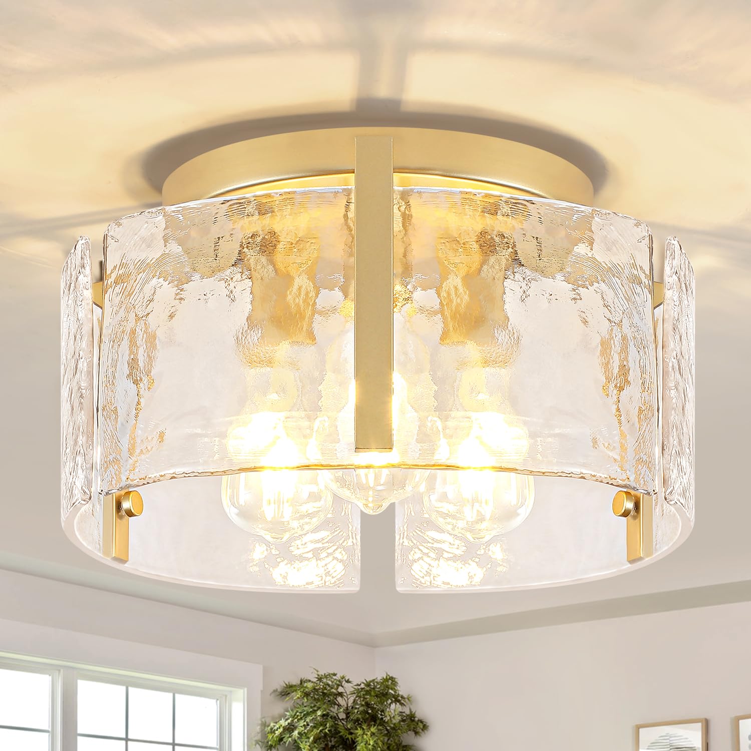 15 Modern Gold Semi Flush Mount Ceiling Light 3-Light Glass Drum Light Fixtures Ceiling Lights for Hallway Entryway