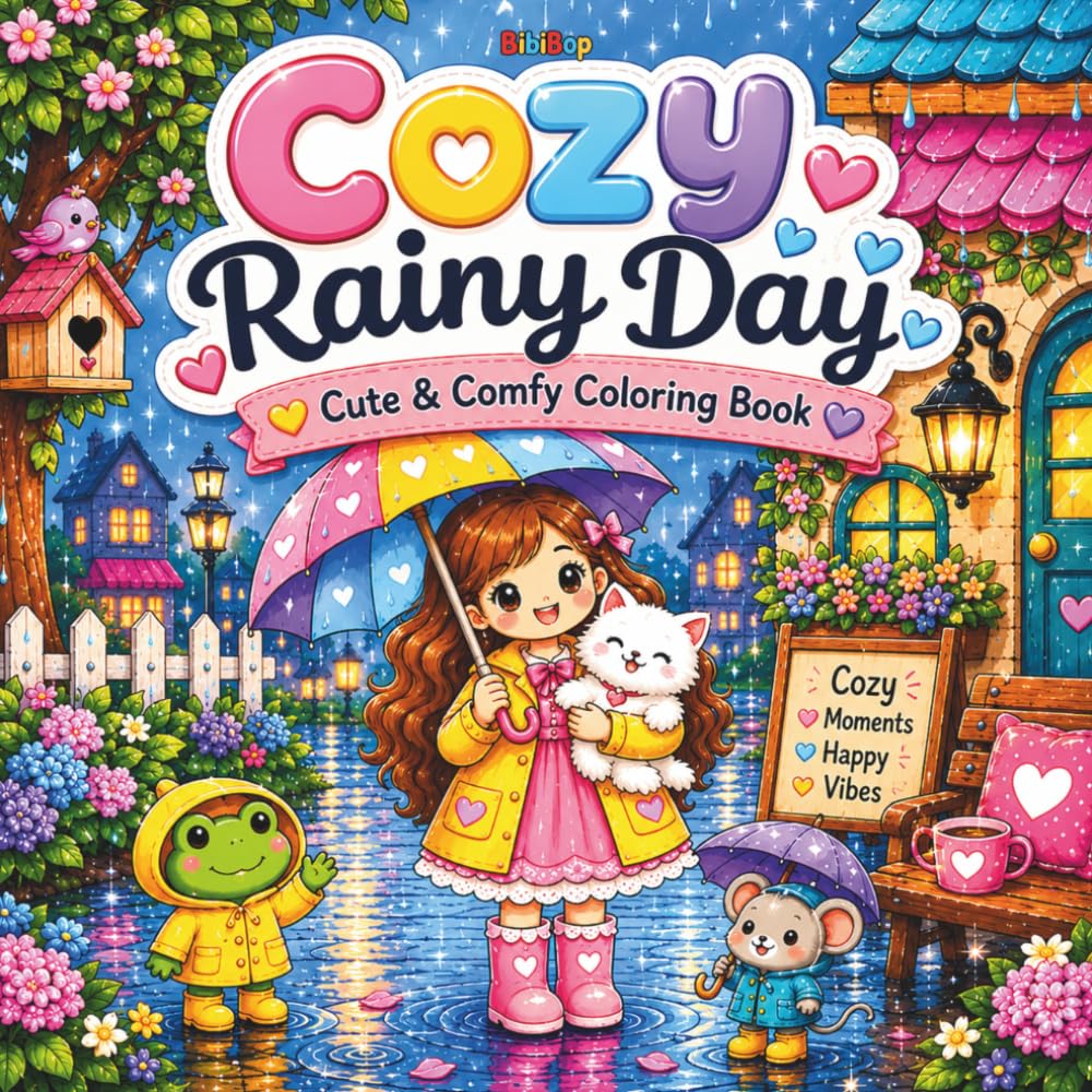 COZY RAINY DAY Cute & Comfy Coloring Book: Bold and Easy Illustrations of Rainy Cottages, Cozy Interiors, Cute Animals, and Relaxing Comfort Scenes for Stress Relief