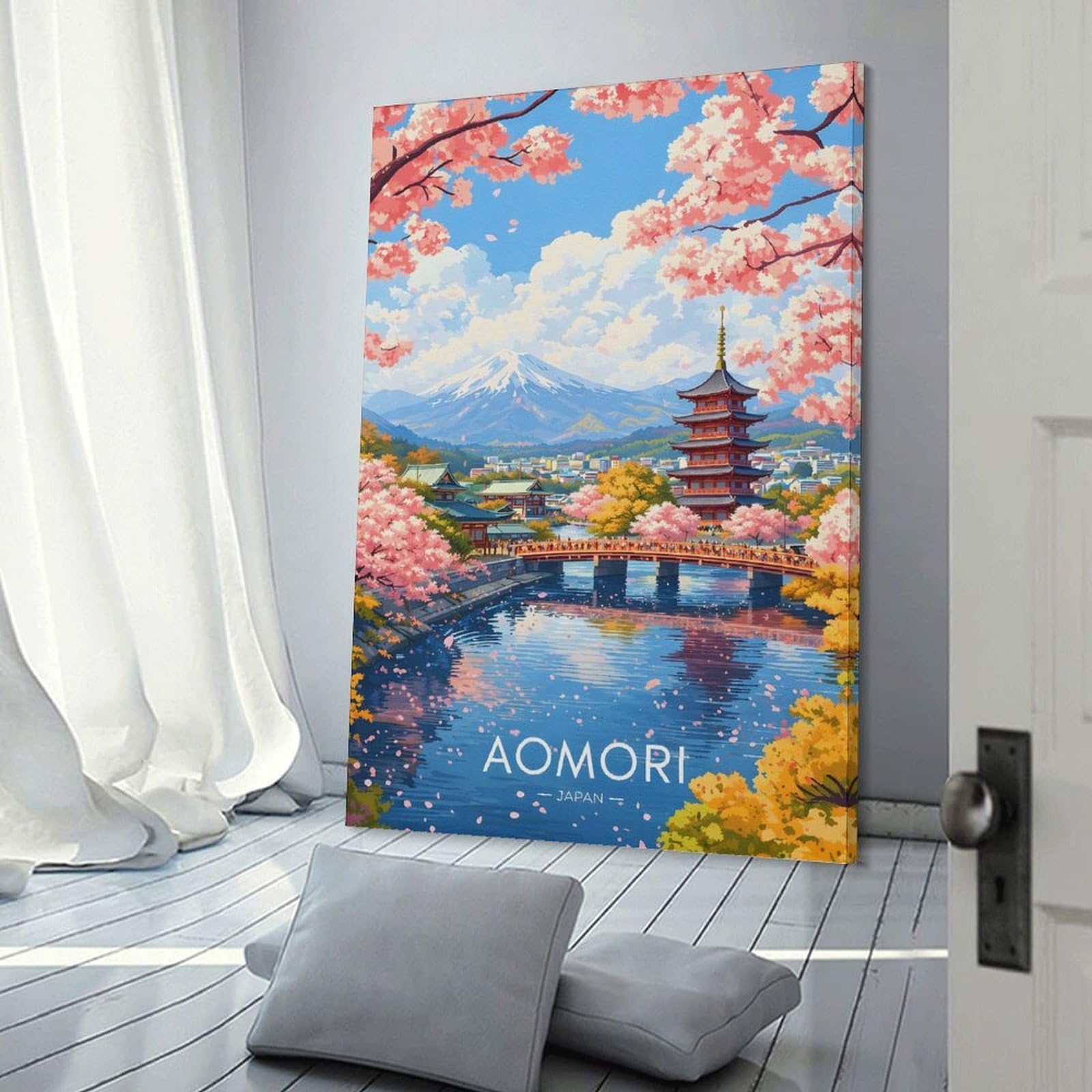 Junmoney Aomori Japan Cherry Blossoms And Pagoda Decorative Canvas Print 24x36inch(60x90cm), for Corridors, Hallways Or Apartment Entries, Decorative Wall Art for Narrow Spaces