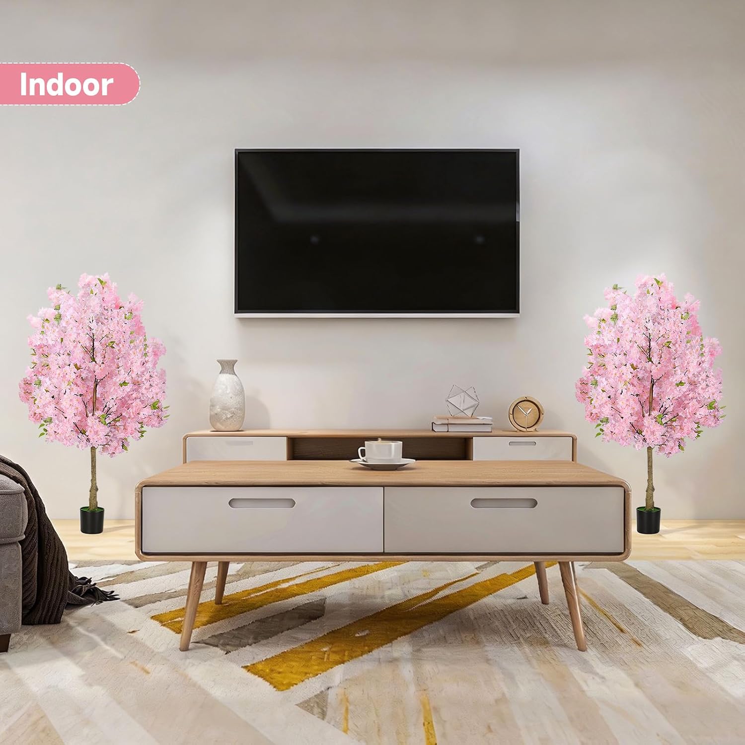 Set of 2 Pink Artificial Cherry Blossom Trees, Realistic Potted Faux Cherry Tree, Silk Flower Fake Tree, Artificial Plants for Home Office Wedding Party Indoor Outdoor Front Door Decoration (4FT)