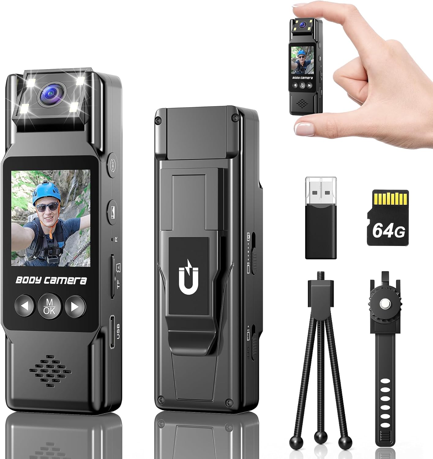 Body Camera 4K HD Police Body Cam 128G Portable Mini Body Camera 180 Rotatable Lens 1200mAh 6H Battery, 1.3" LCD, Flash Light for Cycling, Daily Records, Delivery/Serving Jobs