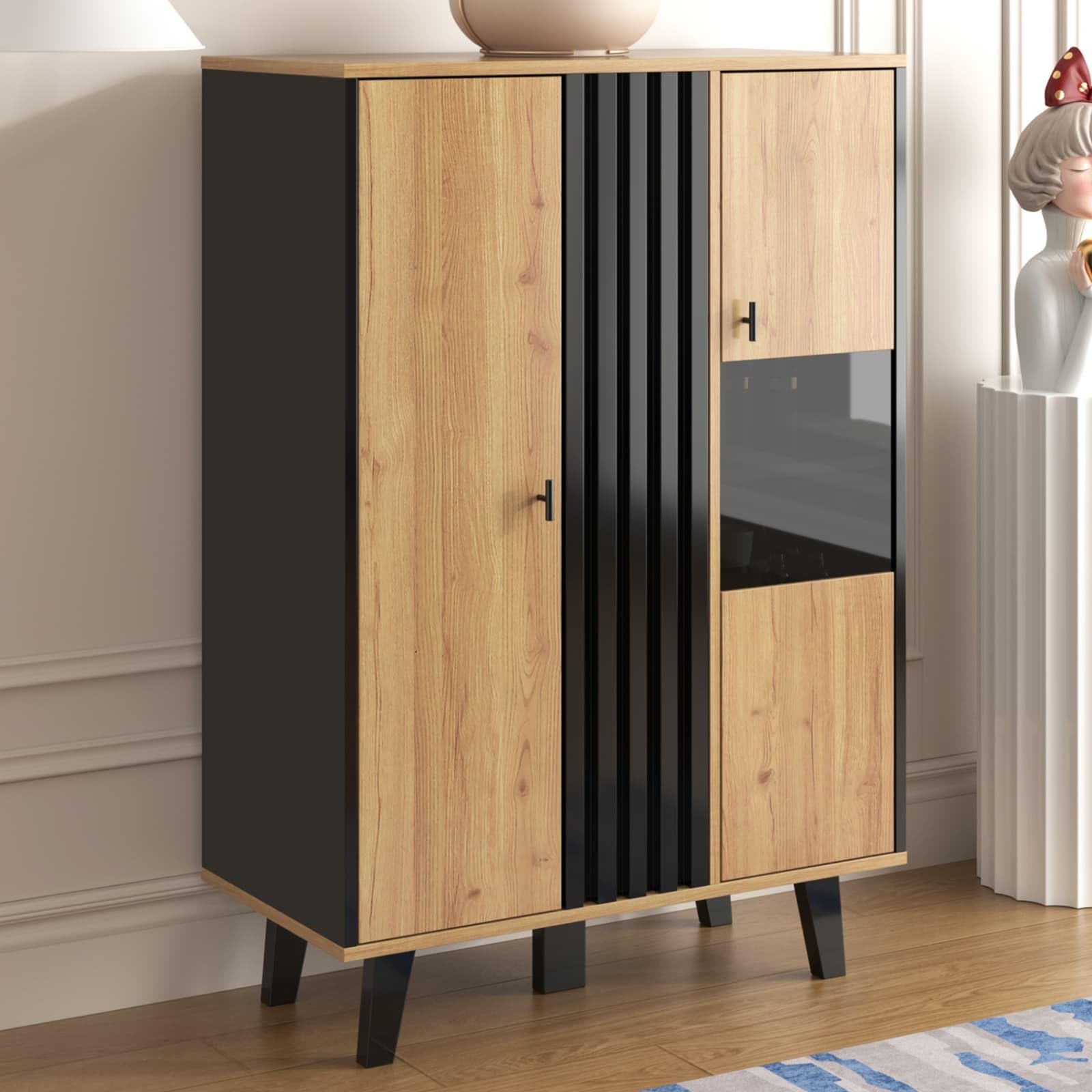 KOMHTOM Buffet noir et bois avec 4 grandes étagères, vitrine avec verre et lumières LED, armoire multifonction pour salon, chambre, couloir et salle à manger (A)