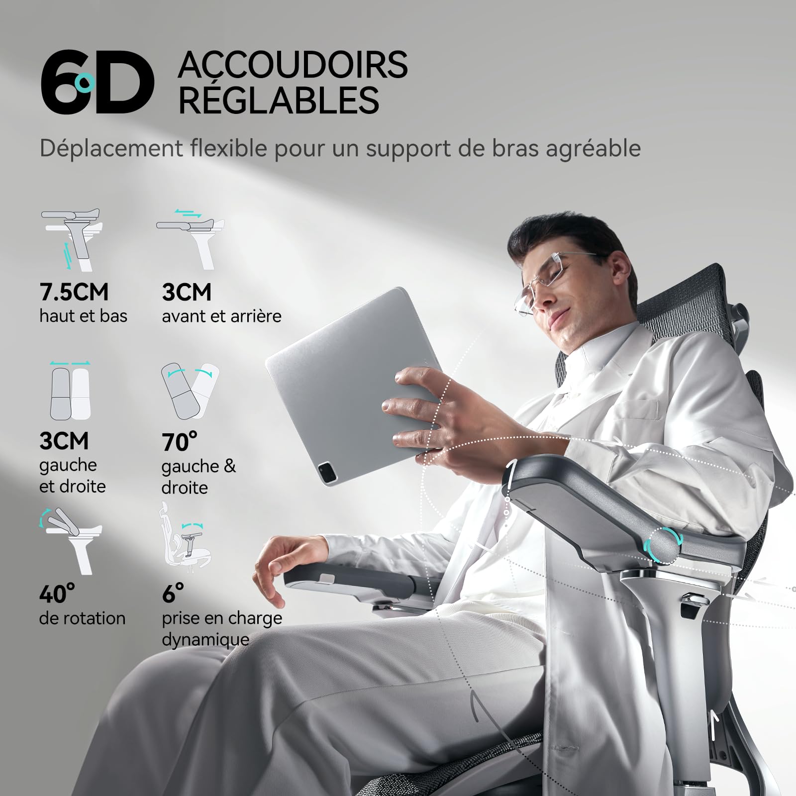 Hbada E3 Pro Fauteuil de Bureau Ergonomique, Système Lombaire Dynamique 3 Zones, Accoudoirs Réglables 6D, Tête avec Réglage 4D, Gris avec Repose-Pieds