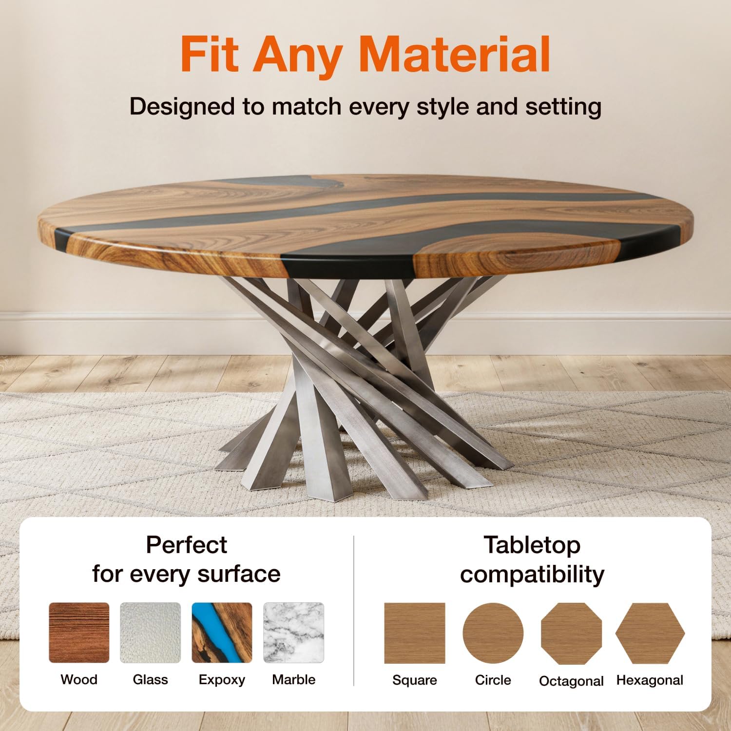 Flowyline 16" H 226 Filar Handcrafted Silver Metal Table Bases for Coffee Tables | Steel Table Base | Rust-Resistant, Adjustable Furniture Legs | DIY Mid-Century Modern Indoor/Outdoor