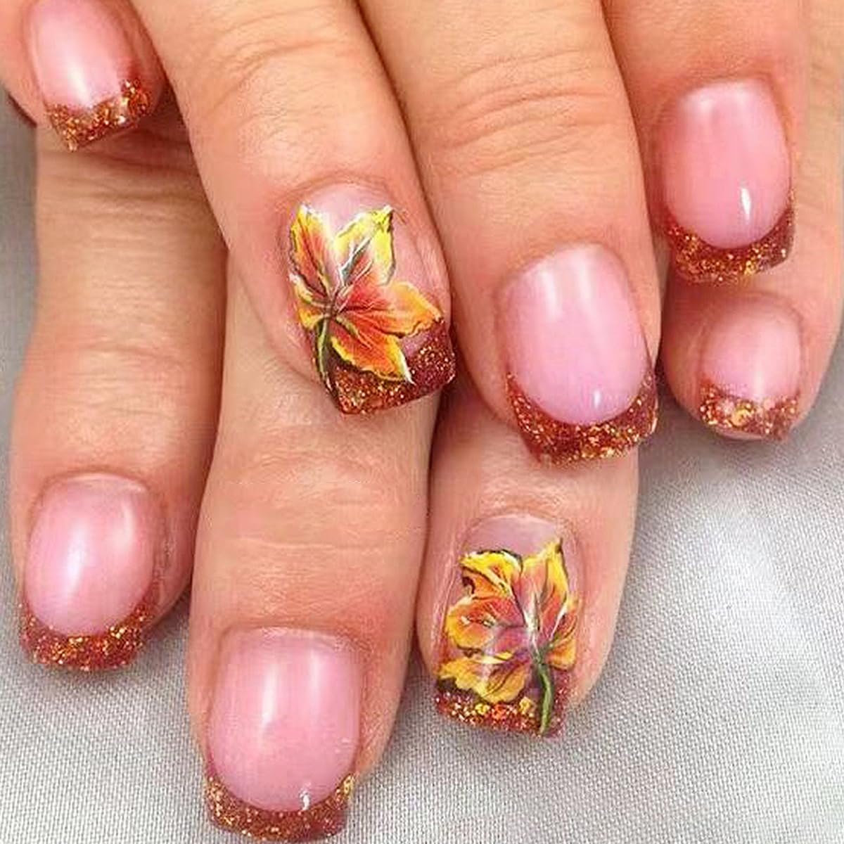 Fall Press on Nails Short Square French Tip Fake Nails Glitter Maple Leaf Design,Glue on Nails Fall Shiny Thanksgiving Nails Full Cover Glitter Nail