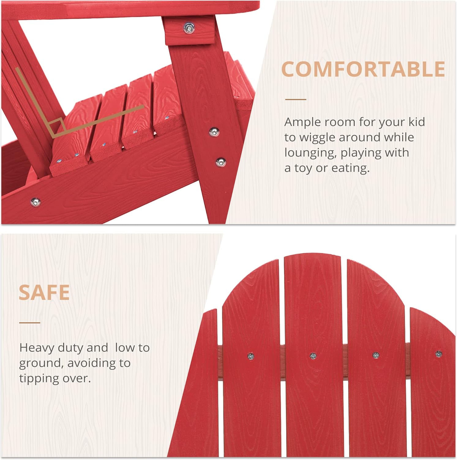 LUE BONA Kids Adirondack Chair - Red Poly Lumber Plastic, Weather Resistant Outdoor Patio Lounge Chair for Toddlers, Balcony, Backyard