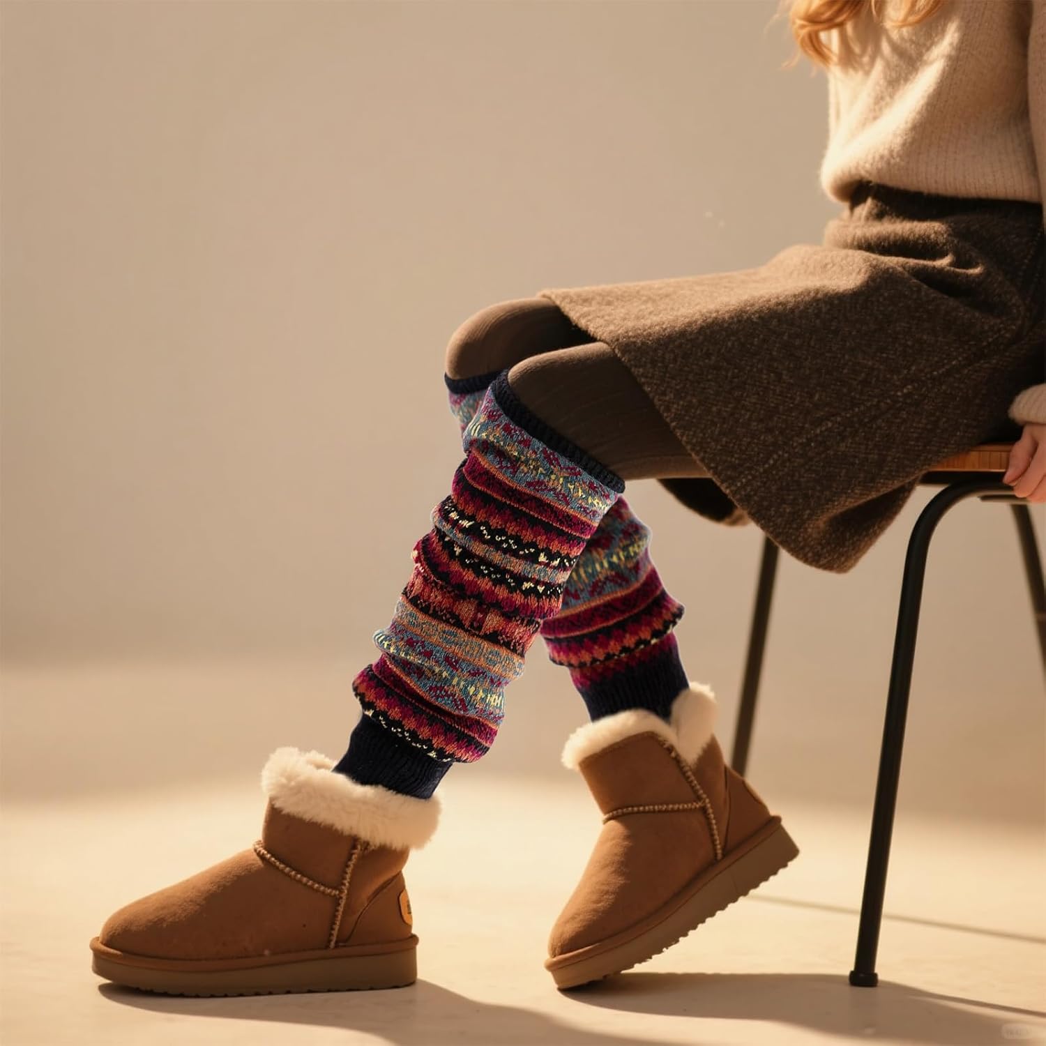 Womens Wool Leg Warmers Winter Striped Boho Long Thigh High Leg Warmer Y2K Knit Over Knee Footless Boot Cuffs Socks - Image 5