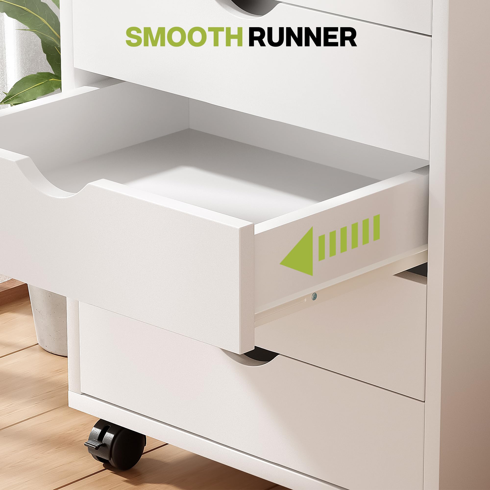 5 Drawer Mobile File Cabinet Under Desk Storage Organization with Wheels Vertical Filing Chest Rolling Wood Small Desk Printer Stand for Home Office, White