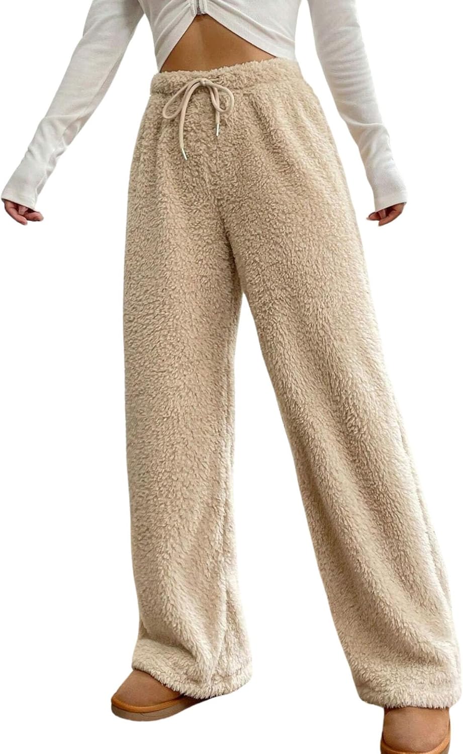 Women's Fuzzy Lounge Pants Comfy Warm Fleece Pajama Long Pants Drawstring Elastic Waist Wide Leg Bottoms
