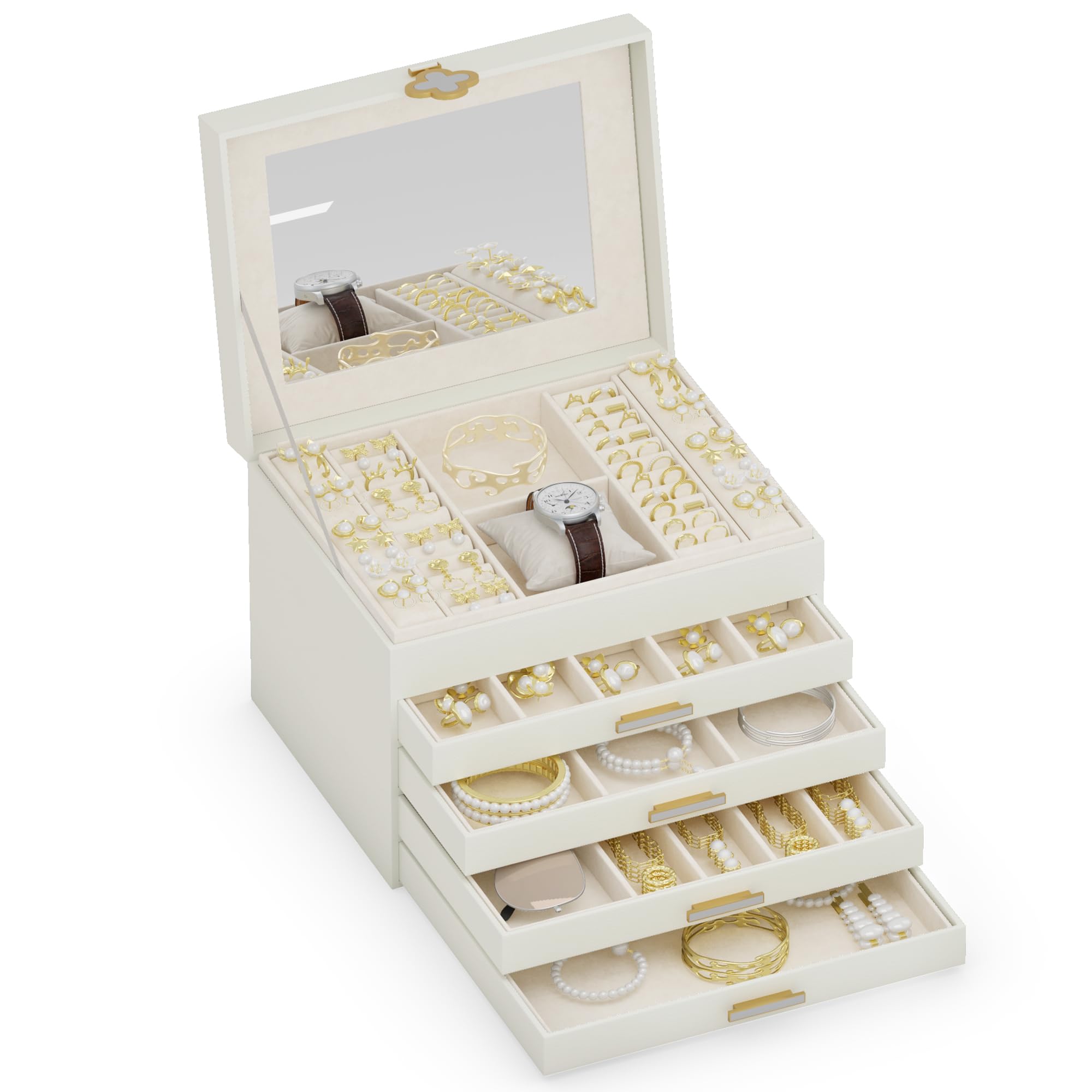 ADEL DREAM Portagioie a 5 ripiani con bottone a forma di quadrifoglio, con vassoio estraibile, organizer per gioielli con grande specchio, scomparti regolabili fai da te, per mamme e ragazze bianco