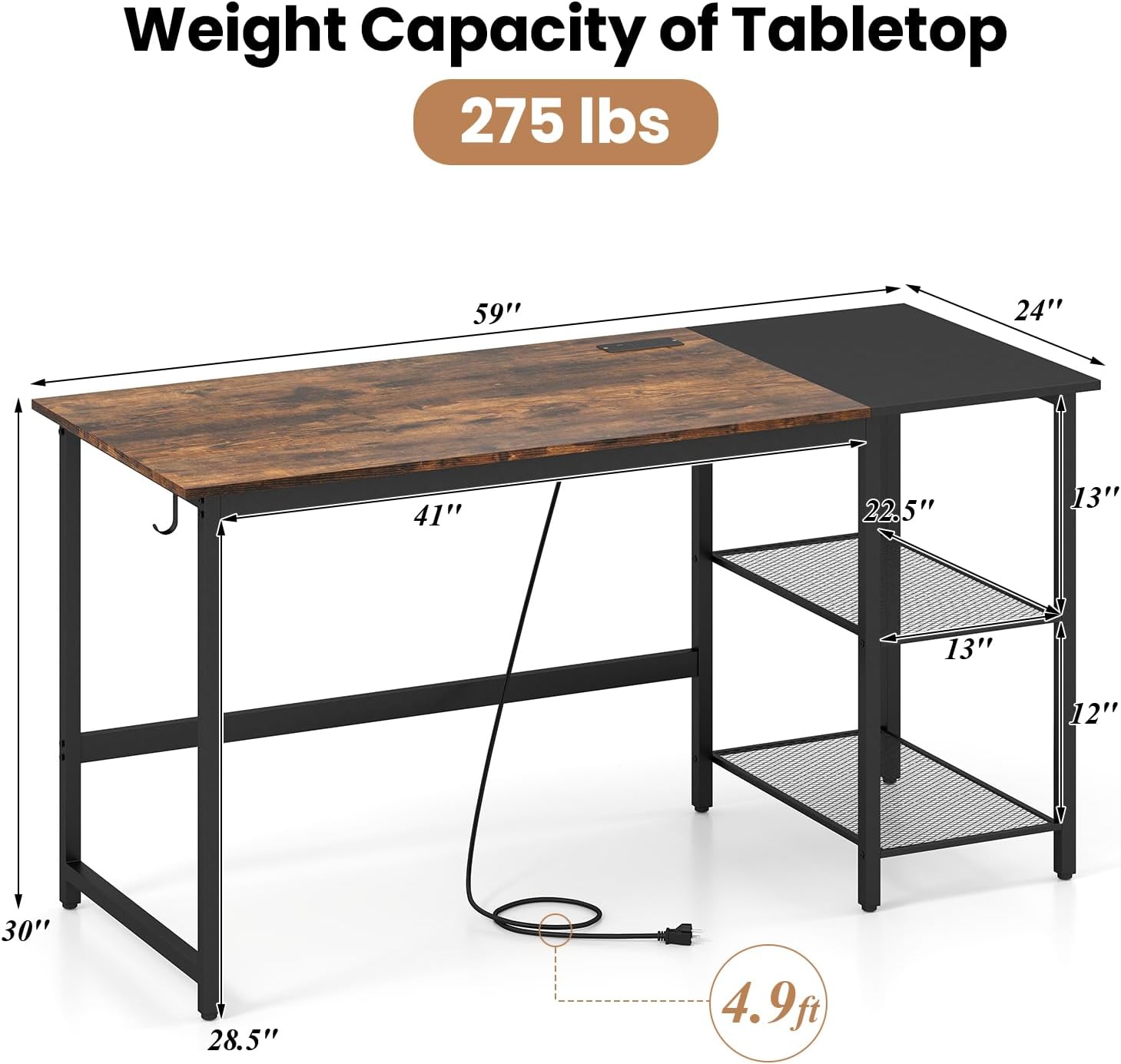 Giantex 59 Inch Computer Desk with Charging Station, Home Office Desk with Storage Shelves & Hook, Modern Laptop PC Table Workstation, Study Writing Desk for Bedroom (Rustic Brown)